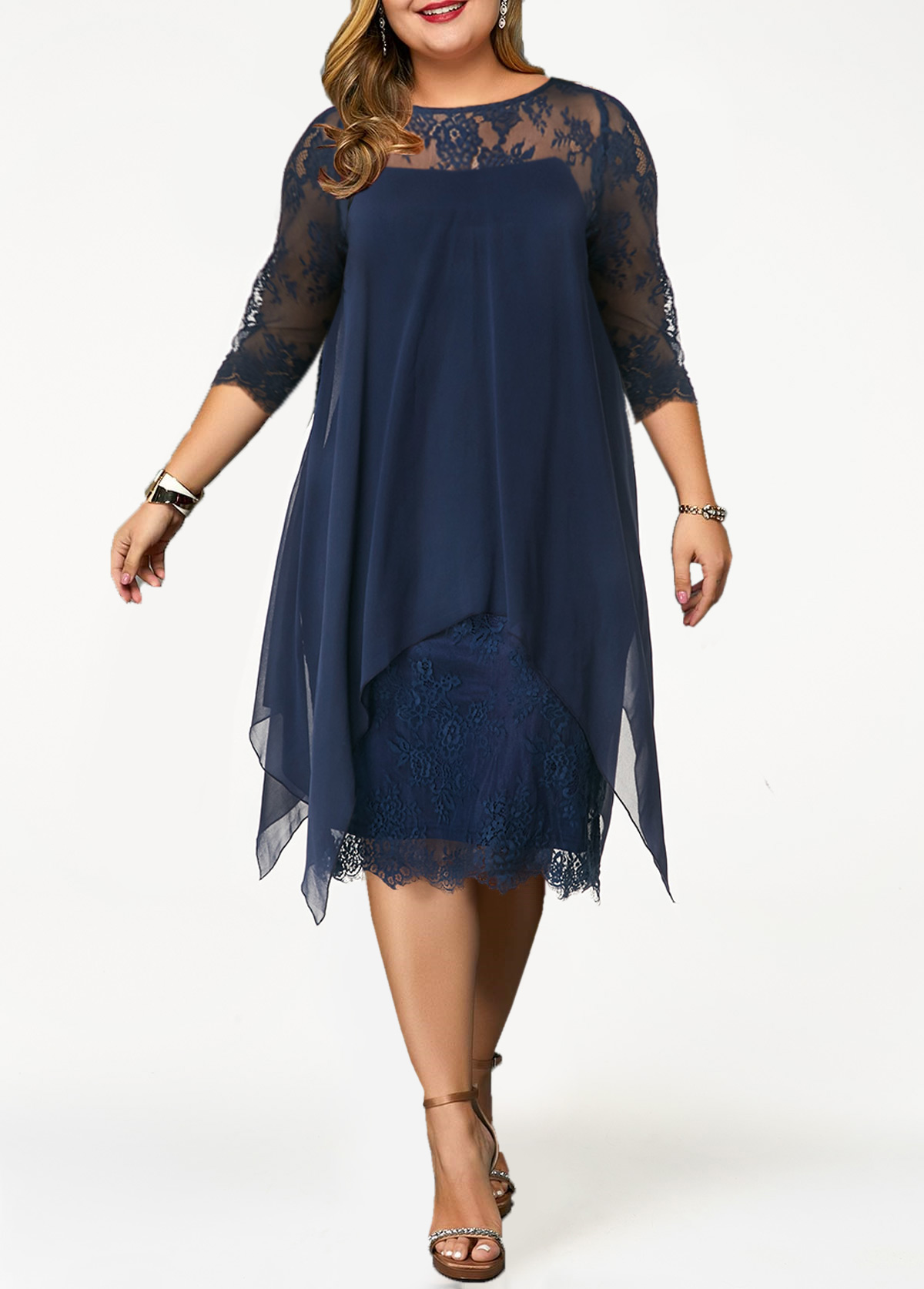 ROTITA Robe Grande Taille en Dentelle Bleu Marine en Forme de H