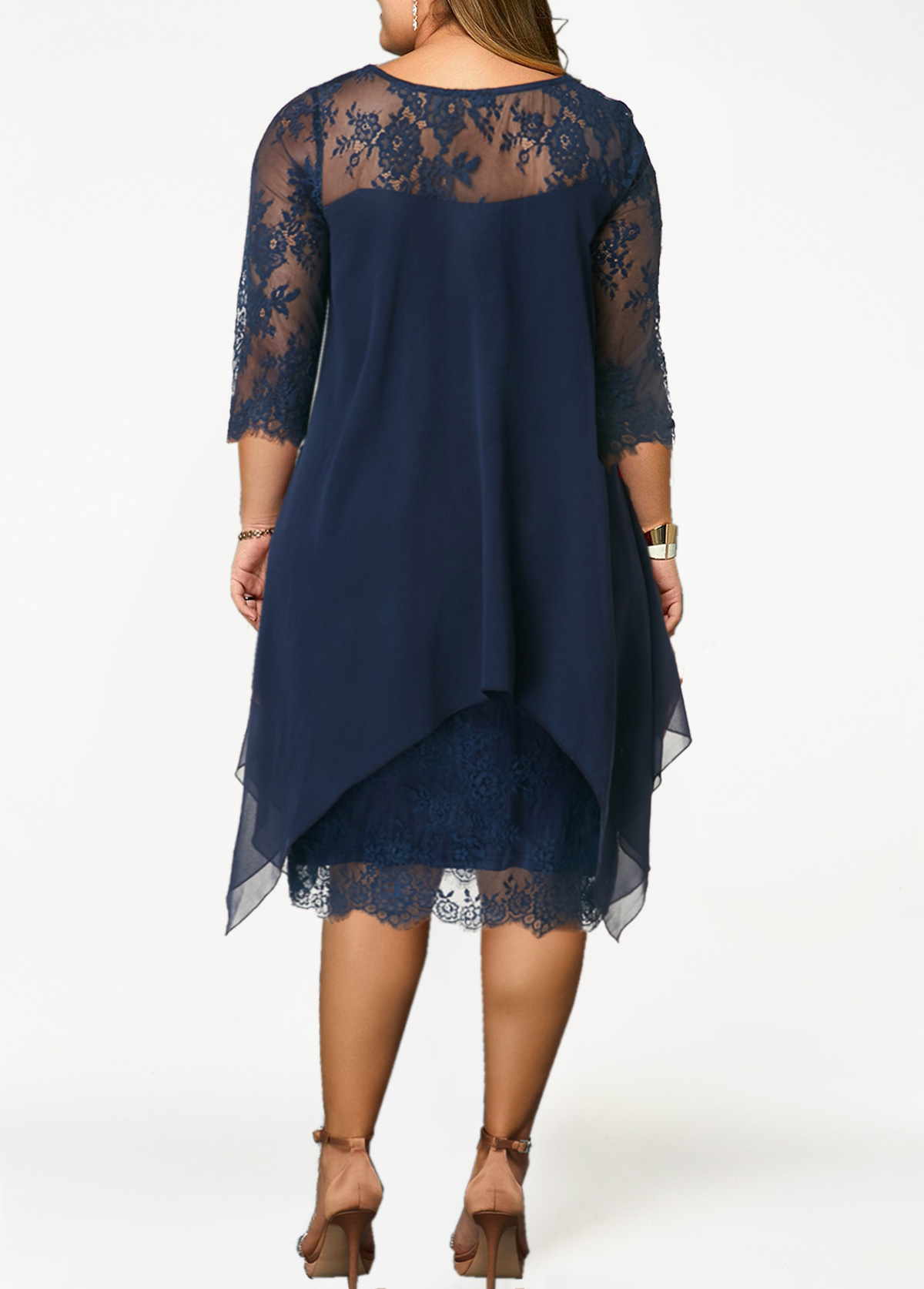 Navy plus size,Plain Color plus size,ROTITA Plus Size Lace Navy H Shape Dress