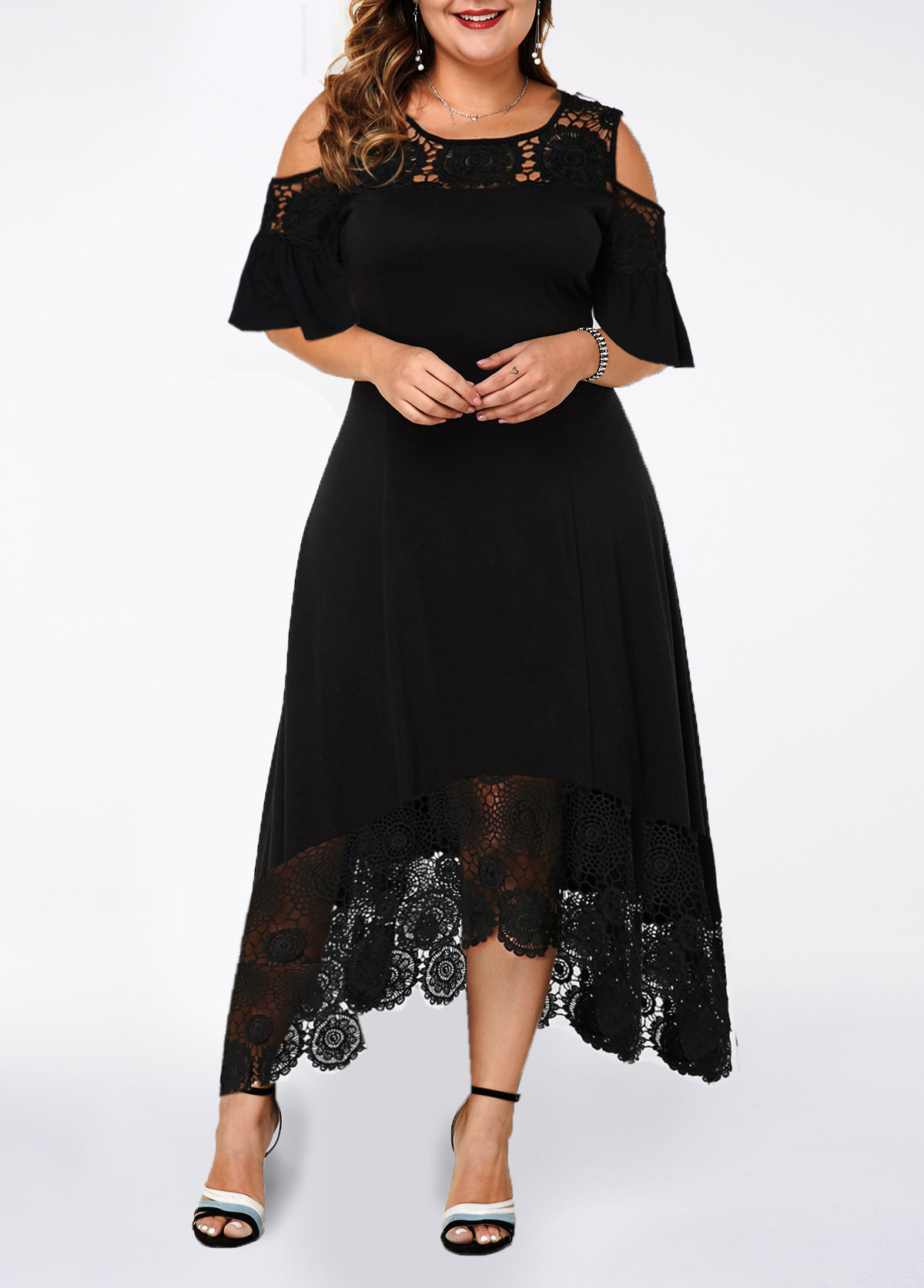 ROTITA Plus Size Lace Stitching Cold Shoulder Dress