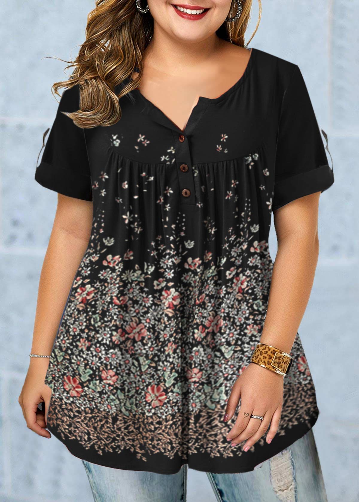 ROTITA Plus Size Button Detail Floral Print T Shirt