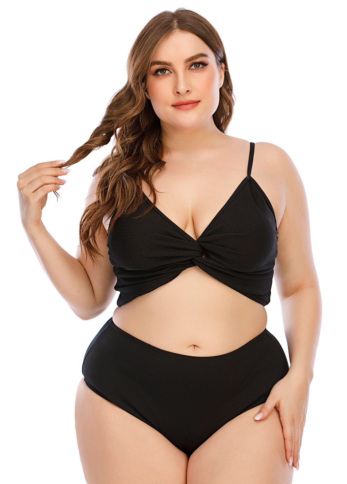 Black plus size,Plain Color plus size,Plus Size Twist Front Beaded Mesh Bikini Set