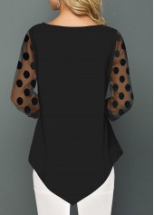 Black tops,Plain Color tops,ROTITA Asymmetric Hem Button Detail Lace Panel Blouse