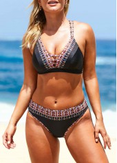 Black swimwear,Floral swimwear,ROTITA Tribal Print Cross Strap Bikini Set