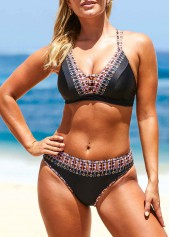 Black swimwear,Floral swimwear,ROTITA Tribal Print Cross Strap Bikini Set