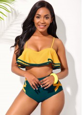 Yellow swimwear,Contrast Color swimwear,ROTITA Ruffle Hem High Waisted Contrast Bikini Set