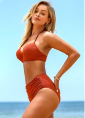 Deep Red swimwear,Plain Color swimwear,ROTITA Halter Mid Waist Ruched Bikini Set