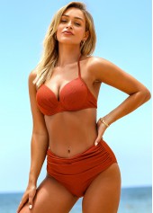 Deep Red swimwear,Plain Color swimwear,ROTITA Halter Mid Waist Ruched Bikini Set