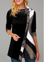 ROTITA Decorative Button Contrast Color Black Cowl Neck Sweatshirt