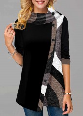 Black tops,Contrast Color tops,ROTITA Decorative Button Contrast Color Black Cowl Neck Sweatshirt