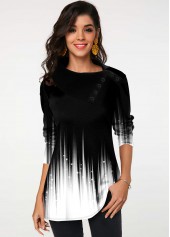 White tops,Ombre tops,ROTITA Decorative Button Ombre White Asymmetrical Neck T Shirt