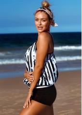 Multi Color swimwear,Striped swimwear,ROTITA Contrast Striped Spaghetti Strap Blouson Tankini Set