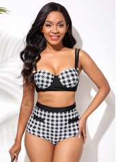 Plaid swimwear,ROTITA Houndstooth Print High Waist Double Strap Bikini Set