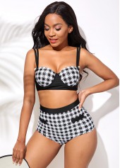 Plaid swimwear,ROTITA Houndstooth Print High Waist Double Strap Bikini Set