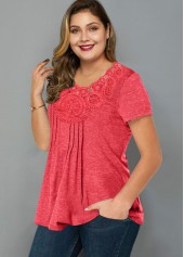 Coral plus size,Plain Color plus size,ROTITA Plus Size Short Sleeve Crinkle Chest T Shirt