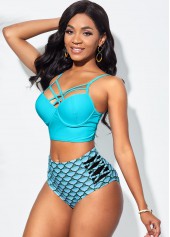 Cyan swimwear,Geometric swimwear,ROTITA Geometric Print Cross Strap High Waisted Bikini Set