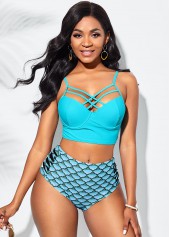 Cyan swimwear,Geometric swimwear,ROTITA Geometric Print Cross Strap High Waisted Bikini Set
