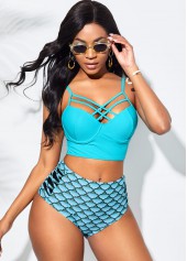 ROTITA Geometric Print Cross Strap High Waisted Bikini Set
