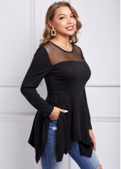 Black tops,Plain Color tops,ROTITA Asymmetric Hem Mesh Long Sleeve T Shirt