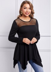 Black tops,Plain Color tops,ROTITA Asymmetric Hem Mesh Long Sleeve T Shirt