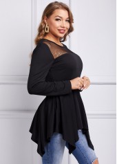 Black tops,Plain Color tops,ROTITA Asymmetric Hem Mesh Long Sleeve T Shirt