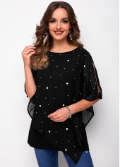 ROTITA Mesh Stitching Slit Sleeve Polka Dot T Shirt