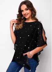 Black tops,Dot tops,ROTITA Mesh Stitching Slit Sleeve Polka Dot T Shirt