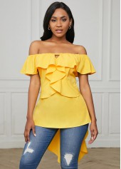 Yellow tops,Plain Color tops,ROTITA Off Shoulder Asymmetric Hem Flounce Blouse
