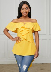 Yellow tops,Plain Color tops,ROTITA Off Shoulder Asymmetric Hem Flounce Blouse