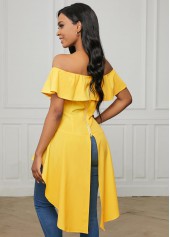 Yellow tops,Plain Color tops,ROTITA Off Shoulder Asymmetric Hem Flounce Blouse