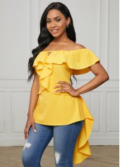 ROTITA Off Shoulder Asymmetric Hem Flounce Blouse