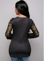 Black tops,Striped tops,ROTITA V Neck Lace Panel Striped Long Sleeve T Shirt 