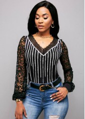 Black tops,Striped tops,ROTITA V Neck Lace Panel Striped Long Sleeve T Shirt 