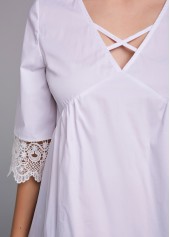 White tops,Plain Color tops,ROTITA Cross Strap Lace Stitching 3/4 Sleeve Blouse