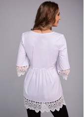 White tops,Plain Color tops,ROTITA Cross Strap Lace Stitching 3/4 Sleeve Blouse