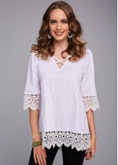 ROTITA Cross Strap Lace Stitching 3/4 Sleeve Blouse