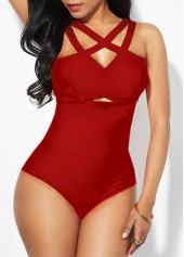 Red swimwear,Plain Color swimwear,ROTITA Strappy Back Lattice Front Red One Piece Swimwear