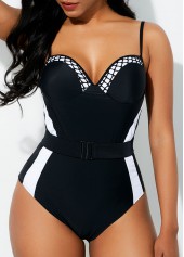 Black swimwear,Contrast Color swimwear,ROTITA Spaghetti Strap Contrast Belted One Piece Swimwear