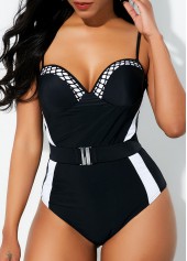 Black swimwear,Contrast Color swimwear,ROTITA Spaghetti Strap Contrast Belted One Piece Swimwear