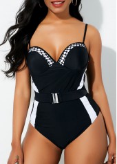 ROTITA Spaghetti Strap Contrast Belted One Piece Swimwear