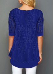 Blue tops,Plain Color tops,ROTITA Layered Hem Round Neck Lace Panel T Shirt
