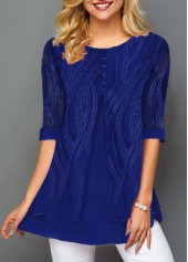 Blue tops,Plain Color tops,ROTITA Layered Hem Round Neck Lace Panel T Shirt