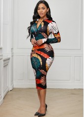 Multi Color dresses,Floral dresses,Party dresses,Elegant dresses,Zip Front Long Sleeve Printed Dress