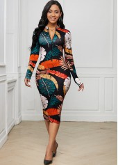 Multi Color dresses,Floral dresses,Party dresses,Elegant dresses,Zip Front Long Sleeve Printed Dress