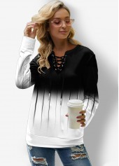 White tops,Contrast Color tops,ROTITA Lace Up Long Sleeve Ombre Sweatshirt