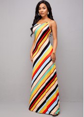 Multi Color dresses,Striped dresses,Spaghetti Strap Rainbow Stripe Maxi Dress