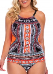 Orange plus size,Tribal plus size,ROTITA Plus Size Spaghetti Strap Geometric Print Tankini Set