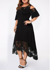 Black plus size,Plain Color plus size,ROTITA Plus Size Lace Stitching Cold Shoulder Dress
