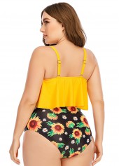Yellow plus size,Ditsy Floral plus size,Plus Size Asymmetric Hem Sunflower Print Bikini Set