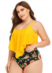 Yellow plus size,Ditsy Floral plus size,Plus Size Asymmetric Hem Sunflower Print Bikini Set