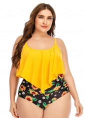 Yellow plus size,Ditsy Floral plus size,Plus Size Asymmetric Hem Sunflower Print Bikini Set